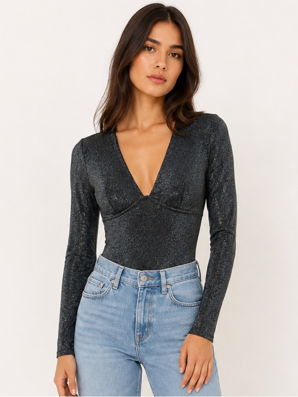 Sincerely Jules Black Sparkle V-Neck Long Sleeve Bodysuit